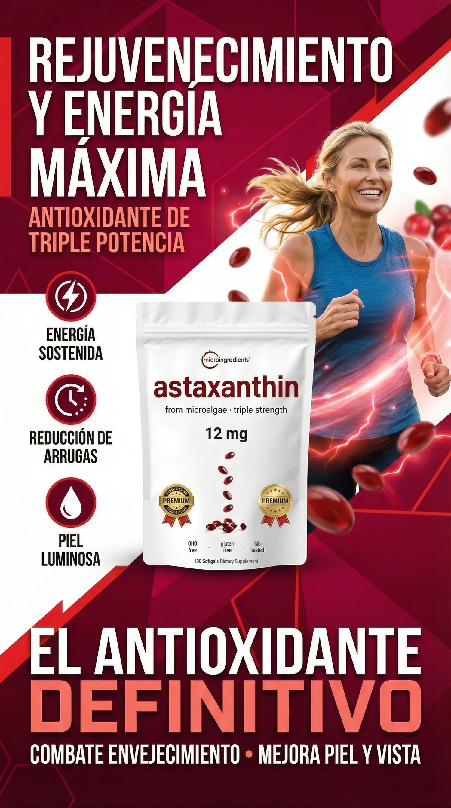 Astaxanthin 12 mg de Microingredients® - Cuida tu piel, ojos y células desde hoy con protección antioxidante avanzada